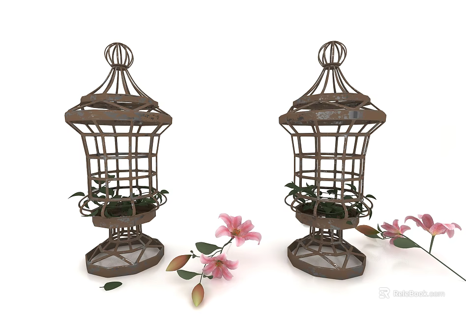 Vintage Metal Ornate Lantern Shaped Decorative Ornament Set with Hollow Design Pink Flowers Green Leaves 3d model 