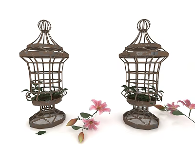 Vintage Metal Ornate Lantern Shaped Decorative Ornament Set with Hollow Design Pink Flowers Green Leaves 3d model