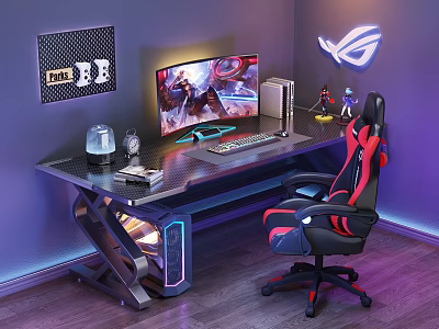 Gaming Desk Setup With Monitor Keyboard Red Black Chair Wall Logo And Ambient Lights 3d model