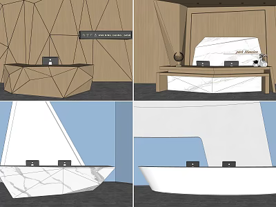 Modern Geometric Reception Desk Design With Wooden Elements White Countertop And Office Equipment 3d model