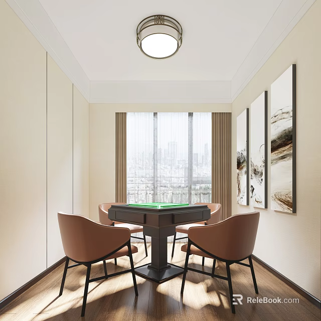 Hotel Mahjong Room With Green Tabletop Brown Chairs Large Windows City View And Wall Paintings 3d model