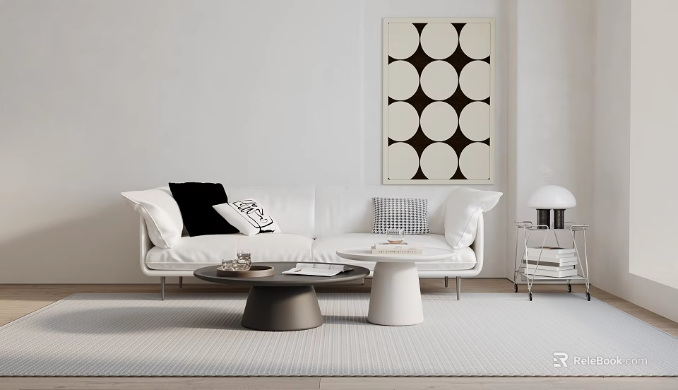 Modern White Sectional Sofa With Black White Pillows And Geometric Wall Art 3d model 