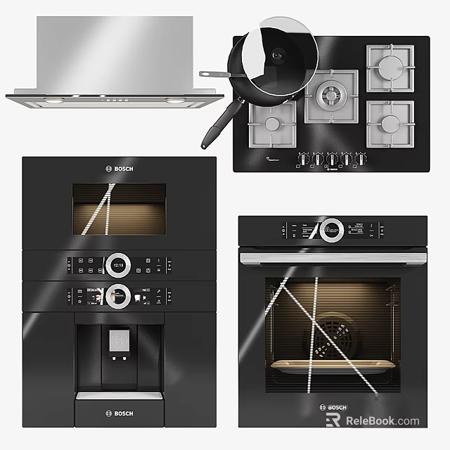 Modern Black Kitchen Appliances Featuring Range Hood Stove Oven And Coffee Maker 3d model