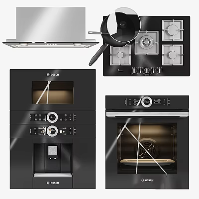 Modern Black Kitchen Appliances Featuring Range Hood Stove Oven And Coffee Maker 3d model
