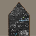 House Shaped Chalkboard Wall Decor With Wooden Frame And Colorful Children's Doodles