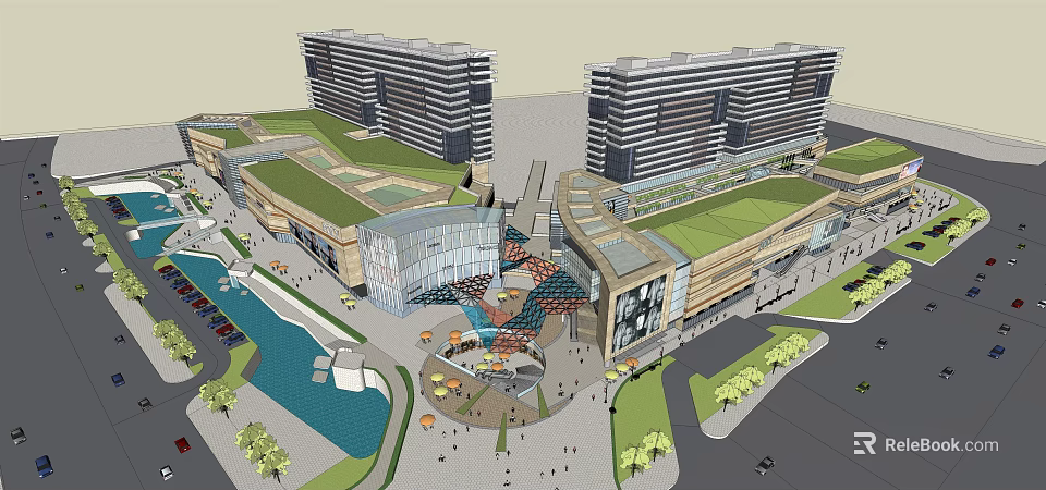 Modern Commercial Complex Design Featuring High Rise Buildings Green Rooftops Central Plaza And Water Feature 3d model 