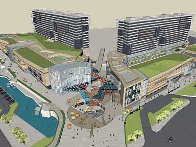 Modern Commercial Complex Design Featuring High Rise Buildings Green Rooftops Central Plaza And Water Feature 3d model