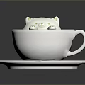 White Ceramic Cup With Green Drink And Cat Shaped Foam On Saucer With Spoon