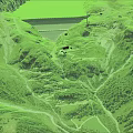 Scenic Natural Landscape With Green Mountain Valleys Winding Roads And Dam Structure