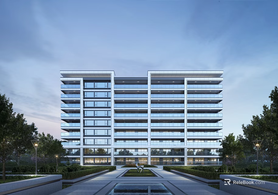 Modern Residential Building With Sleek Glass Facade Floor To Ceiling Windows And Landscaped Gardens 3d model 
