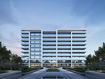 Modern Residential Building With Sleek Glass Facade Floor To Ceiling Windows And Landscaped Gardens 3d model