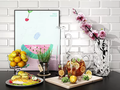 Delicious Grilled Chicken Dish With Fresh Lemons Fruit Tea And Floral Decorations 3d model
