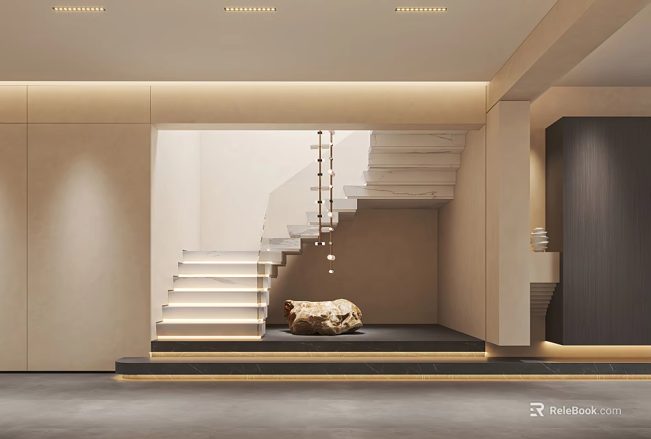 Elegant Entryway Hallway With Staircase Steps Warm Lighting And Golden Decorative Piece 3d model 