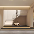 Elegant Entryway Hallway With Staircase Steps Warm Lighting And Golden Decorative Piece
