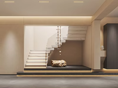 Elegant Entryway Hallway With Staircase Steps Warm Lighting And Golden Decorative Piece 3d model