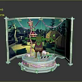 Green Cartoon Game Character on Platform with Tent Street Lamp and Trees in Colorful Scene
