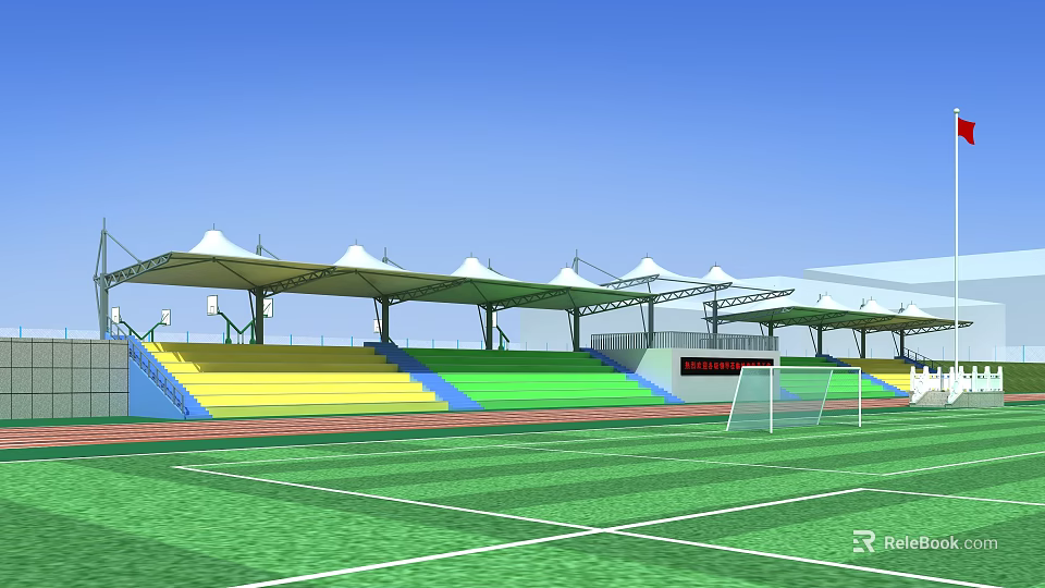 Green Soccer Field With White Lines Goalpost Colorful Stands White Canopies And Scoreboard 3d model 
