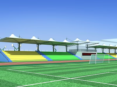 Green Soccer Field With White Lines Goalpost Colorful Stands White Canopies And Scoreboard 3d model