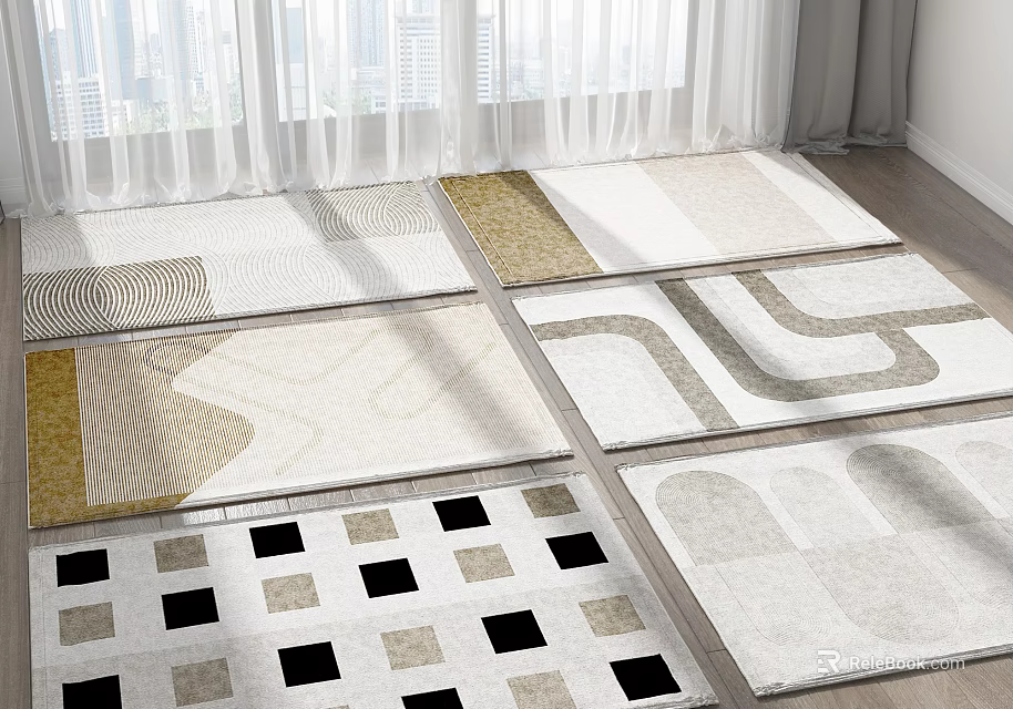 Modern Square Rugs With Geometric Patterns And Neutral Tones In Living Room Interior 3d model 