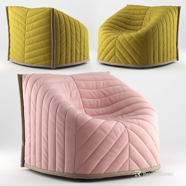Modern Quilted Lounge Chairs In Yellow And Pink Velvet Upholstery Design 3d model 