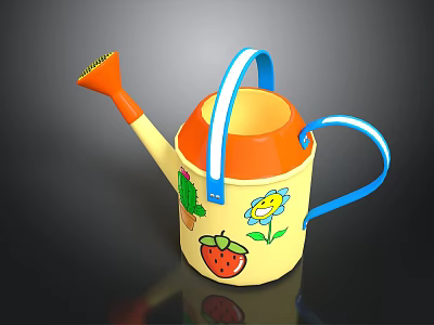 Yellow Watering Can With Orange Spout Lid Blue Handle And Strawberry Cactus Flower Designs 3d model