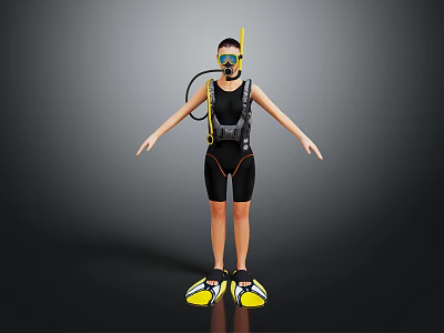 Woman in Scuba Diving Gear with Mask Snorkel Wetsuit and Yellow Fins 3d model