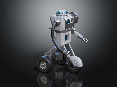 Smart Robot With Blue Eyes Mechanical Arm Cable And Metallic Wheels Design 3d model