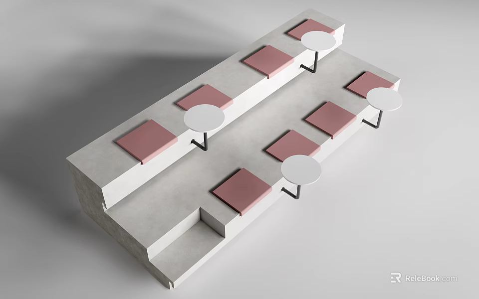 Modern Leisure Chairs with Concrete Structure Red Cushions and Circular Side Tables 3d model 