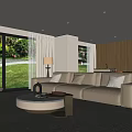 Modern Living Room Interior With Beige Sofa Orange Cushions Floor Lamp And Round Coffee Table
