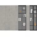 Modern Bookcase Interior Design With Gray Dark Panels Open Shelves And Decorative Sculptures