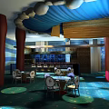 Stylish Bar Interior Design With Blue Wavy Ceiling Decorative Columns Round Tables And Cozy Chairs