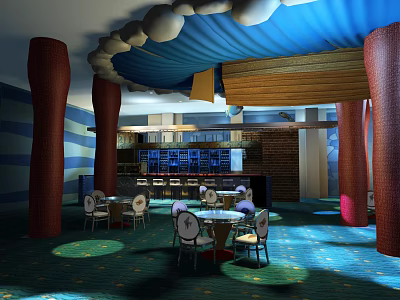 Stylish Bar Interior Design With Blue Wavy Ceiling Decorative Columns Round Tables And Cozy Chairs 3d model