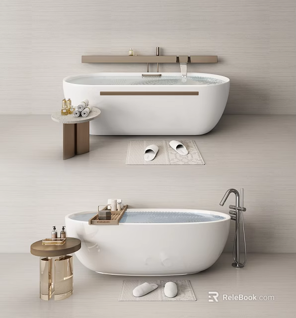 Modern Bathtubs In Elegant Bathroom With Side Tables And Slippers 3d model 