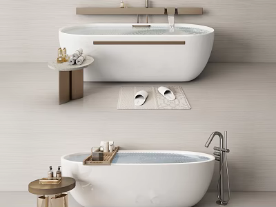 Modern Bathtubs In Elegant Bathroom With Side Tables And Slippers 3d model