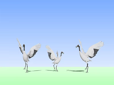 Flying Cranes With Spreading Wings On Green Ground Under Blue Sky 3d model