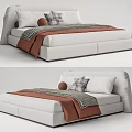 Modern Double Bed with White Upholstered Headboard Brown Throw Blanket and Checkered Pillows 3d model