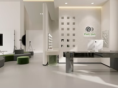 Minimalist Modern Interior With Pant Jun Logo Sofa Table And Grid Wall Design 3d model