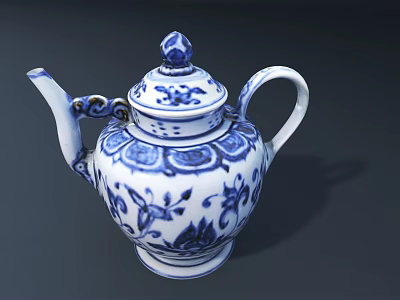 Traditional Blue and White Porcelain Tea Pot With Intricate Floral Patterns And Lid Design 3d model