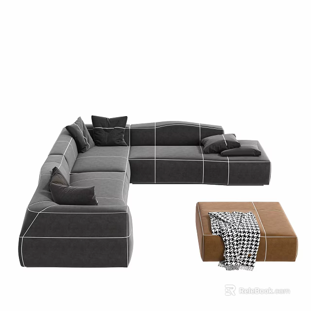 Modern Gray Sectional Sofa With Plush Cushions And Brown Ottoman 3d model