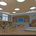 Modern Kindergarten Classroom With Wooden Ceiling Round Lights Tables Chairs Bookshelves And Toys