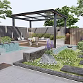 Courtyard Garden Featuring Outdoor Dining Tables Glass Roofed Pavilion Purple Flowers And Water Feature