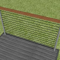 Outdoor Railing With Metal Cable Design Wooden Handrail Gray Wooden Deck And Green Grass Background