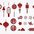 Traditional Chinese Decorative Elements Including Red Lanterns Fu Xi Characters And Floral Patterns 3d model