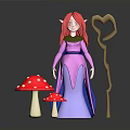 Magical Fairy With Red Hair Pink Purple Dress Red White Spotted Mushrooms Heart Shaped Staff