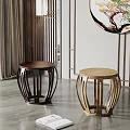 Pair of Round Solid Wood Stools With Intricate Open Frame In Modern Interior Space 3d model