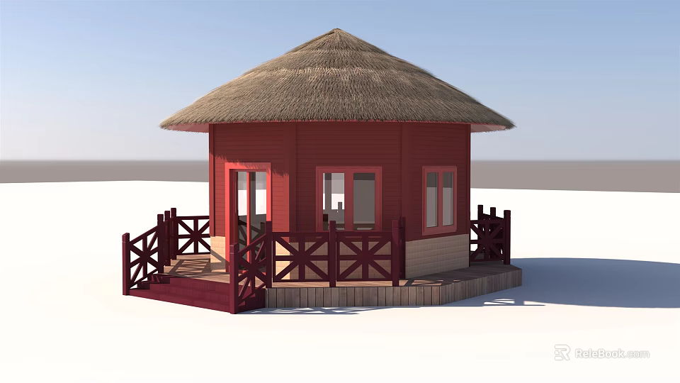 Red Wooden Thatched House with Fence Platform and Seaside View 3d model 