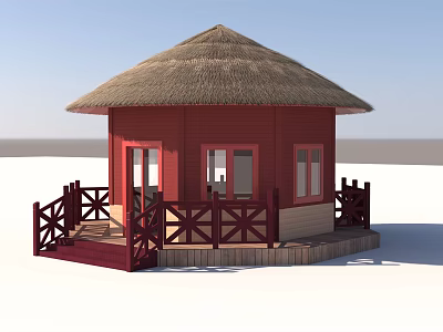 Red Wooden Thatched House with Fence Platform and Seaside View 3d model