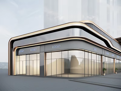 Modern Commercial Street With Glass Facade Curved Design And Urban Storefronts 3d model