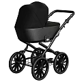 Black Baby Stroller With Four Wheels Metal Frame And Black Canopy Seat