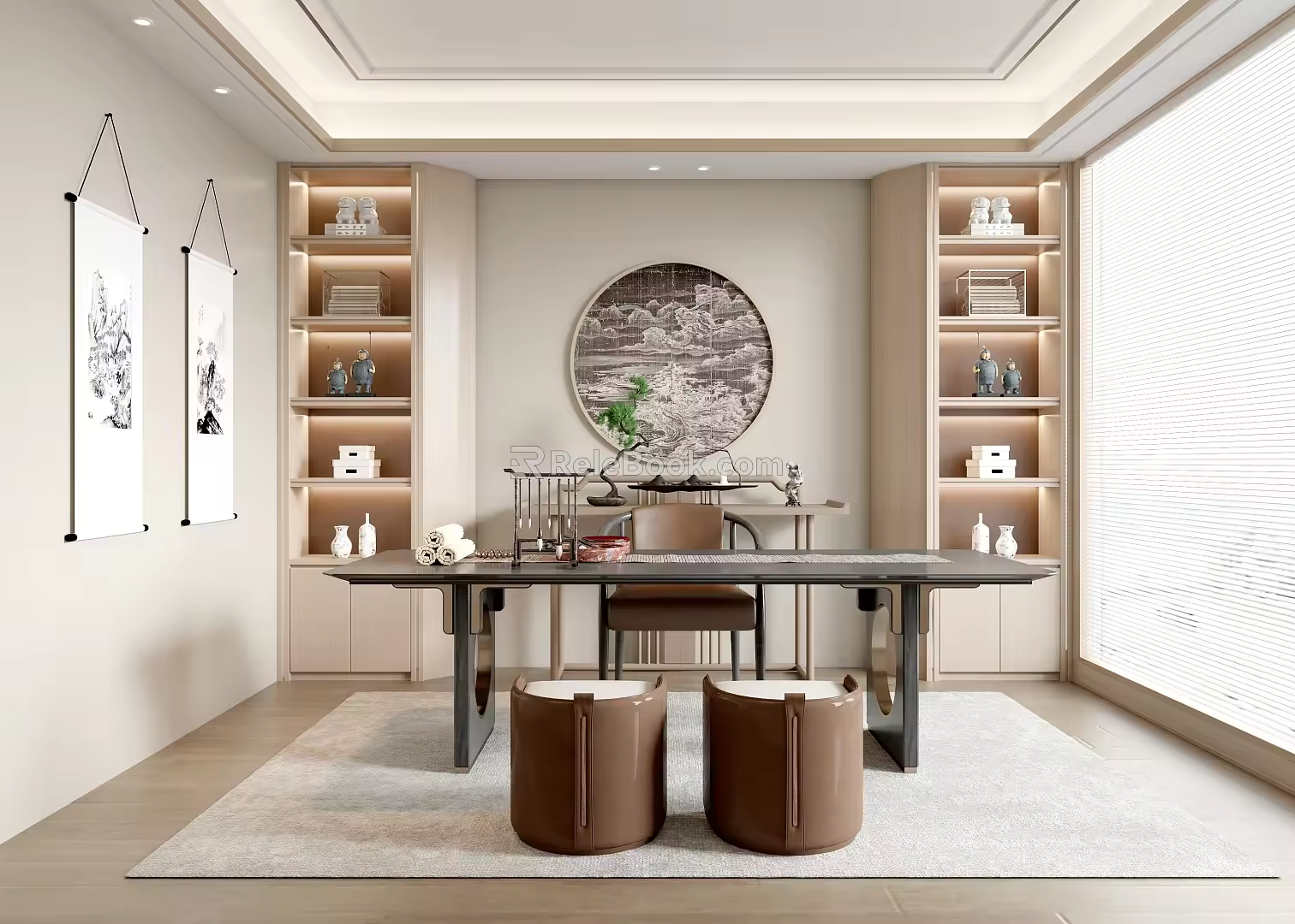 New Chinese Style Study Desk and Chair Combination Desk Bookcase 3d model